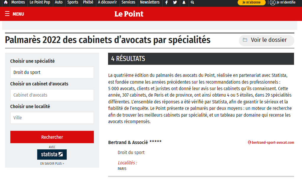 Le Point - Palmarès 2022 des meilleurs cabinets d'avocats en droit du sport en France
