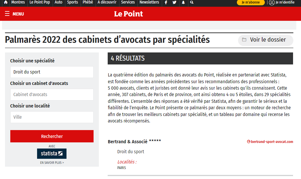 Le Point - 2022 ranking of the best sports law firms in France